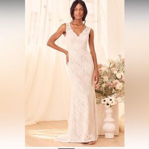 Lulu's Spectacular Romance White Lace Sleeveless Mermaid Maxi Dress